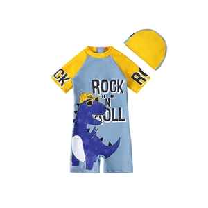 Short-sleeve boys dinosaur swimsuit set with cartoon print and matching swim cap