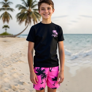 Boys Tropical Quick Dry Swimwear Top And Palm Tree Print Beach Shorts For Summer Vacation Kids Round Neck Rash Guard