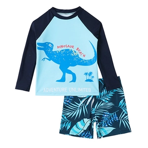 Kids dinosaur swimwear set featuring long sleeve sun protection top and tropical print trunks