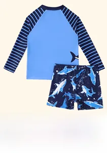 Close-up of boys long sleeve shark print swimwear set with quick-dry fabric details