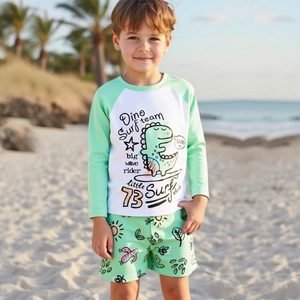 Boys Long Sleeve Swimwear Rash Guard And Shorts Set Dinosaur Pattern Sun Protection Quick Dry Kids Beach Surfing Swimsuit