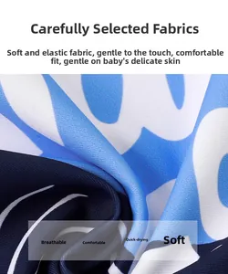 Detail of blue shark print fabric showing breathable and quick-drying elastic material