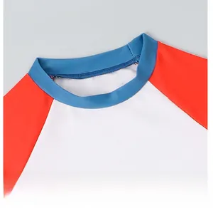 Detail of contrast raglan neckline on quick-dry boys swimwear with high elastic fabric