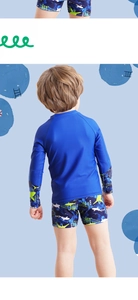 Vista trasera de traje de baño para niño con manga larga, estampado de tiburón y secado rápido