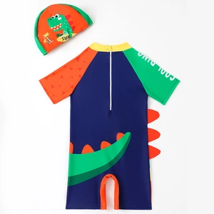 Kinder Dinosaurier Badeanzug Langarm mit 3D-Flossen und passender Badekappe in Blau-Orange