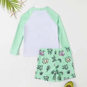 Kids long sleeve swimsuit set with cactus print top and mint green swim trunks