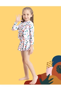 Maillot de bain deux pièces fille à manches longues, motif floral et jupe à volants