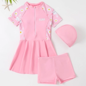 Three-piece girls' pink daisy and rabbit swimsuit with short-sleeved dress, shorts and cap