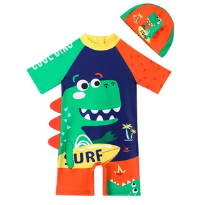 Kinder Einteiler Badeanzug mit Dinosaurier-Motiv und passender Hut im Surf-Stil