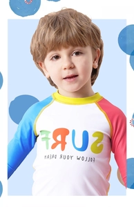 Detail eines Langarm-Rashguards für Kinder mit SURF-Aufdruck und Trikolore-Patchwork-Design
