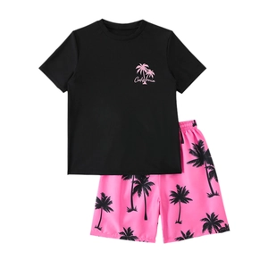 Two-piece kids summer set with black California coconut tree tee and pink printed shorts