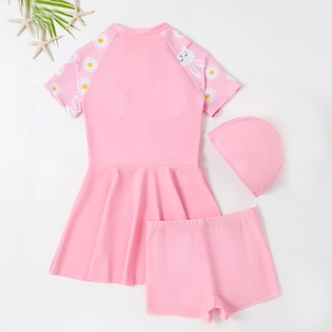 Three-piece pink kids swimwear set with daisy bunny prints and matching swim cap