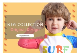 Detailansicht Jungen Langarm-Schwimmanzug mit SURF-Aufdruck und Sonnenschutzgewebe