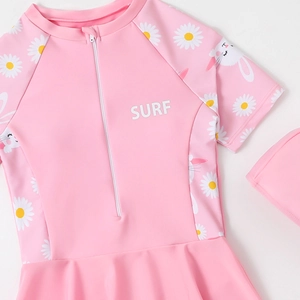 Pink one-piece swimsuit for girls with SURF print and floral daisy rabbit pattern