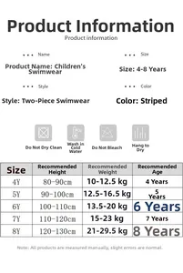 Size chart for boys' two-piece striped swimwear with height and weight guide
