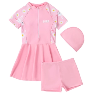 Pink three-piece girls swimsuit set with daisy and rabbit patterns and SURF logo