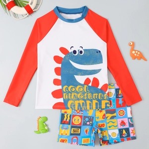 Two-piece boys long sleeve dinosaur swimwear set with swim trunks for kids