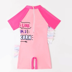 Maillot de bain une pièce licorne rose pour filles avec manches courtes et des volants