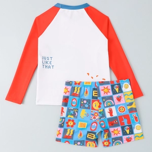 Two-piece boys long sleeve rash guard swimsuit with colorful checkered print swim trunks