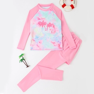 Girls long sleeve two piece modest swimsuit with pink tie dye palm tree print