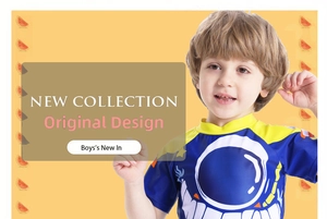 Detail of boys' short sleeve astronaut swim shirt with vibrant contrast colors
