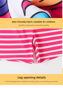 Détail de l'imprimé licorne doux et de l'ourlet rayé sur le short de bain rose fille