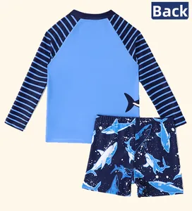 Detailed back view of children's long-sleeve shark print swimsuit with quick-dry fabric