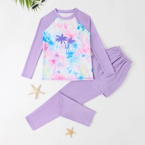 Girls long sleeve two-piece swimsuit set in lavender with tropical holiday print