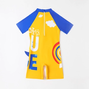 Kids dinosaur cartoon print one-piece swimsuit in yellow with blue short sleeves