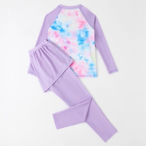 Girls' two-piece long sleeve swimsuit with colorful tie-dye print and purple swim leggings