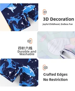 Detail of reinforced four-needle six-thread stitching and 3D shark decor on kids swimwear