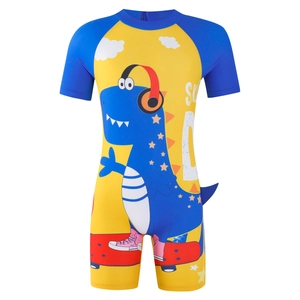 Kids one-piece dinosaur swimsuit with blue and yellow short sleeves and 3D tail