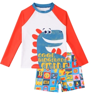 Two-piece boys' quick-dry swimsuit with cartoon dinosaur print and red raglan sleeves
