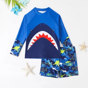 Bañador para niños de dos piezas con tiburón y estampado de camuflaje en azul oscuro