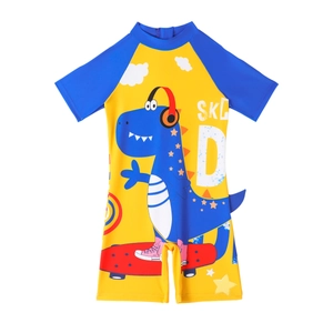 Kids one-piece dinosaur swimsuit with blue raglan sleeves and cartoon graphic print