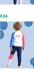 Detail von Jungen-Langarm-Rashguard mit SURF-Druck und Farbblock-Schwimmleggings