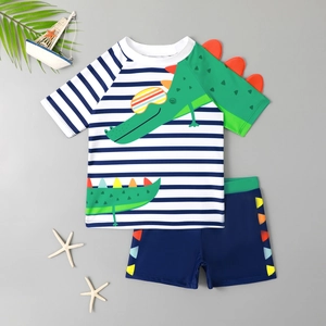 Kids boys two-piece swimsuit with striped crocodile print and cartoon sun hat pattern