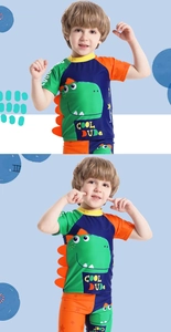 Detail der Jungen-Badebekleidung mit 3D-Dinosaurier-Druck und Cool Dude Schriftzug Design