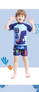 Detail of boys' short sleeve dinosaur swim top and matching trunks in blue shades