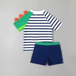 Boys two-piece swimwear set featuring blue stripes and green dinosaur fin details
