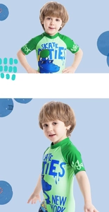 Front and side view of kids short sleeve swimsuit with green crocodile cartoon print