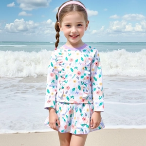 Maillot de Bain Floral à Manches Longues pour Filles Ensemble Deux Pièces Protection Solaire Avec Jupe à Volants Enfants Été