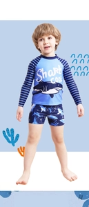 Detail of boys' shark print long-sleeve swimwear with elastic quick-dry fabric texture