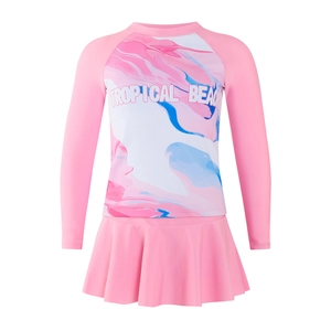 Girls long sleeve pink tie-dye two-piece swimsuit with pleated skirt for kids