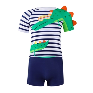 Kids boys two-piece striped swimwear with green cartoon dinosaur and 3D fin details