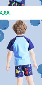 Rear view of boys' three-piece swimwear featuring cartoon dinosaur prints and blue colors