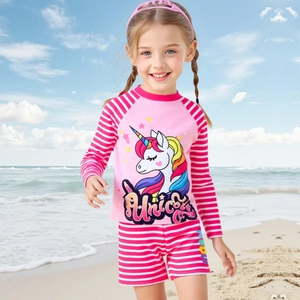 Maillot de Bain Manches Longues Fille Haut Et Pantalon Rayures Roses Licorne Protection UV Séchage Rapide Sport Pour Enfants