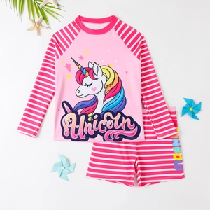 Maillot de bain deux pièces rose licorne pour filles avec manches longues et short rayé