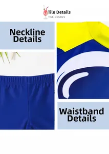 Detail view of boys astronaut swimwear showing crew neck stitching and elastic waistband