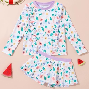 Maillot de bain deux pièces à manches longues pour filles avec imprimé floral et volants